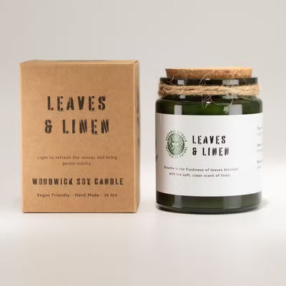 Leaves and Linen Candle – Natural Soy Wax & Wooden Wick